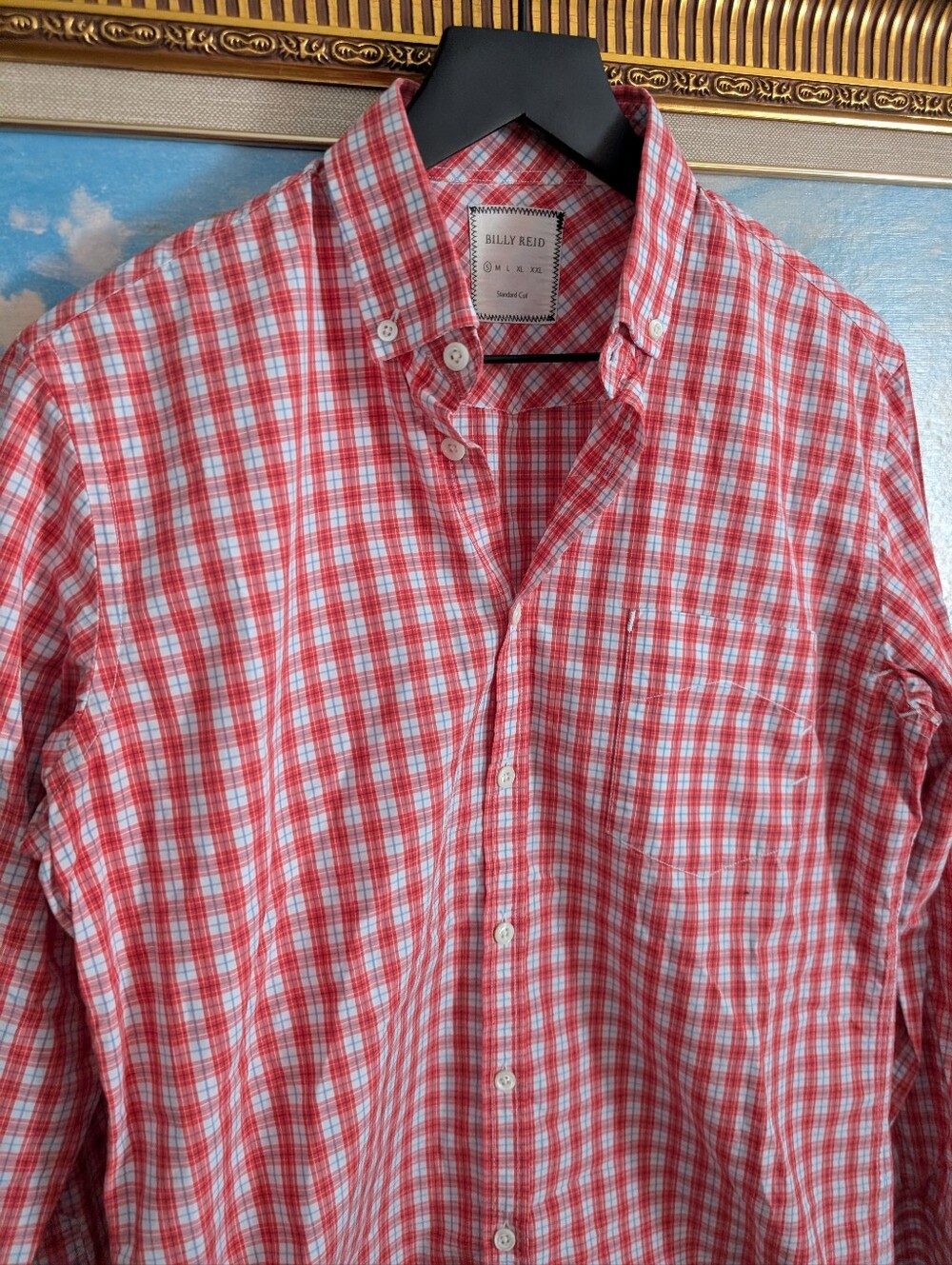 Billy Reid Red and White Plaid Casual Button-Down Shirt